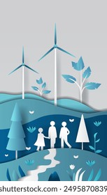 Family walking in nature renewable energy landscape with wind turbines trees flowers and butterflies paper cut style