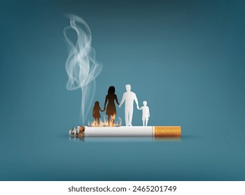 Family walking on burning cigarette with smoke rising into silhouettes, showing long-term smoking impact.