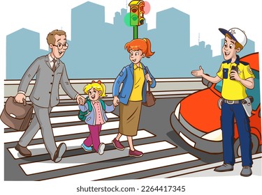 family walking on pedestrian crossing and traffic police helping them