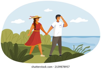 Family walking on shore. People in love spending time together on beach. Couple in relationship walks by handle near lake or river. Guy and girl communicate and relax on coastline in summer