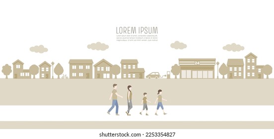 A family walking on street. simple landscape illustration