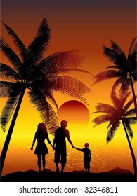 Family walking on tropical beach