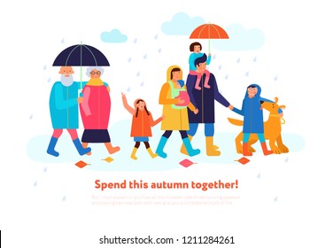 Family walking outdoor together on rainy autumn day isometric composition with parents kids grandparents dog vector illustration