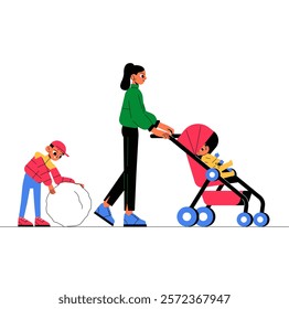 Family Walking Outdoors With Baby Stroller In Flat Vector Illustration Symbolizing Parenting, Bonding, And Recreation, Isolated On White Background