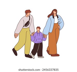 Familie zu Fuß. Eltern und Kind gehen zusammen. Mama, Papa hält Händchen mit dem Sohn. Glückliche Mutter, Vater, kleiner Junge, der draußen spaziert. Flache Vektorillustration isoliert auf weißem Hintergrund