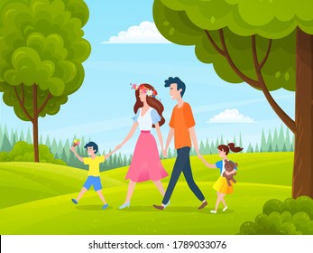 Family walking in park or countryside, people walk at nature, woman with flower on head, parents holding hands with daughter and son, spend leisure time together, family outdoors activity, summertime