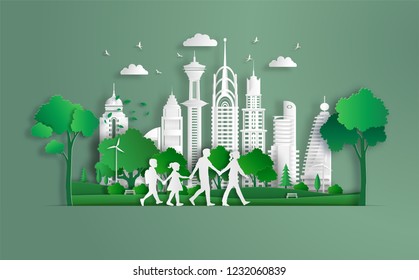 Family walking in the park and holding hands, eco green city, save the planet and energy concept, flat-style vector illustration.