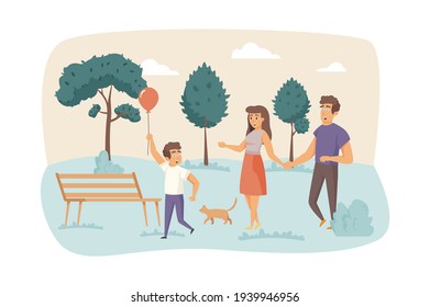 Family walking at park together scene. Mom and dad holding hands, son playing with balloon. Parents and children, outdoor activity concept. Vector illustration of people characters in flat design