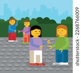 Family walking in the park. Vector illustration in flat cartoon lego style.
