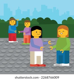 Family walking in the park. Vector illustration in flat cartoon lego style.