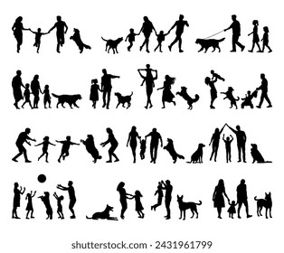 Family walking and playing with dog silhouette set vector collection.	