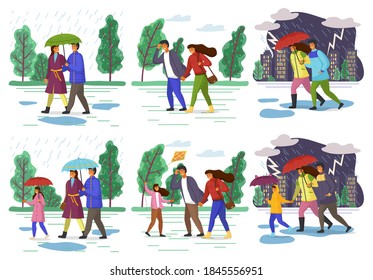 Family walking in the rain with umbrella autumn season and in windy weather in the city park. Parents and daughter spend time together outdoor. Couple and family in various weather conditions