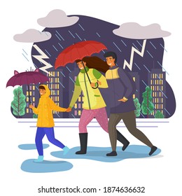 Family walking in the rain with umbrella and wearing raincoats in the city park, thunder and lightning in the sky. Father, mother and daughter together on a rainy day, running through the puddles