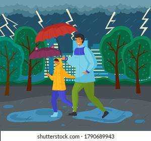 Family walking in the rain with umbrellas and wearing raincoats in the city park. Father and daughter together on a rainy autumn day running through the puddles, thunder and lightning in the sky