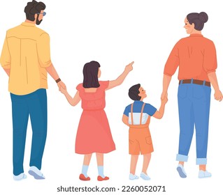 Family walking rear view. Parents and kids together isolated on white background