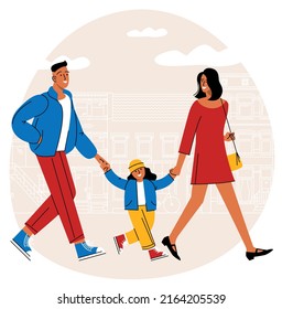 Family walking. Relatives people outdoor, mom, dad and kid at walk in city downtown, having a fun together. Flat design vector characters.