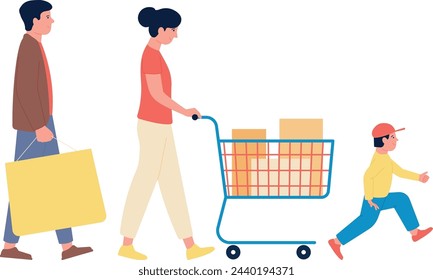 Family walking with shopping cart. Sale purchase together