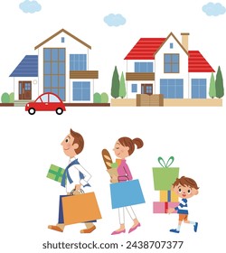 A family walking and shopping in a residential area