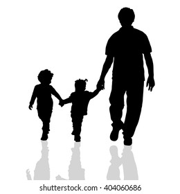 family walking silhouette two children on white background