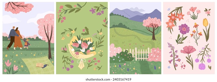 Family walking in spring or summer park. Vector flowers and blooming bouquets, herbarium and picturesque landscape views with mountains, meadows and hills with botany and wild plants trees