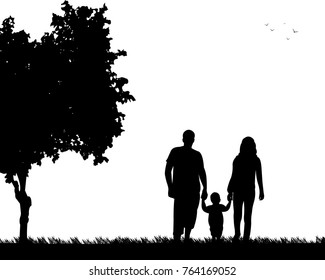 Family walking with their child in park, one in the series of similar images silhouette