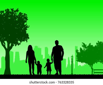 Family walking with their children in park