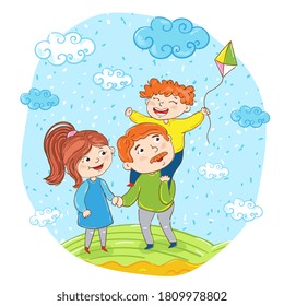 Family walking together. Father, mother person and son child cartoon characters flying kite together outdoors. Happy man, woman and kid family walking having fun in summer park vector illustration