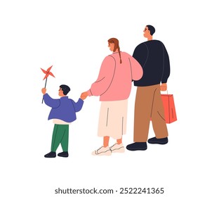 Family walking together. Parents and child with pinwheel toy, holding hands, standing outdoor. Mother, father and son kid on holiday leisure. Flat vector illustration isolated on white background