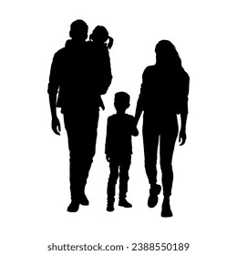Family walking together silhouette vector. Father carrying daughter and mother holding hands son vector black silhouette.	