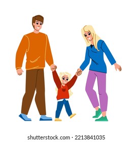 family walking vector. mother child, woman father, together happy, walk young, nature girl, love man, beautiful summer, joy, parent family walking character. people flat cartoon illustration