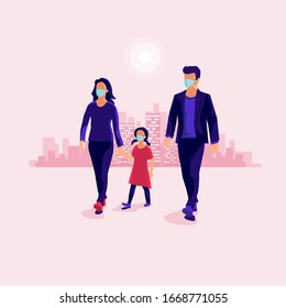 Family walking and wearing protection medical face mask to protect themselves against viruses. Pink vector illustration with city skyline in the background.