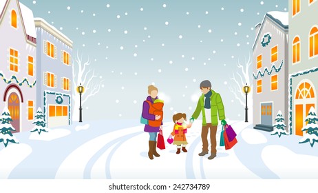 Family walking in Winter hometown-EPS10