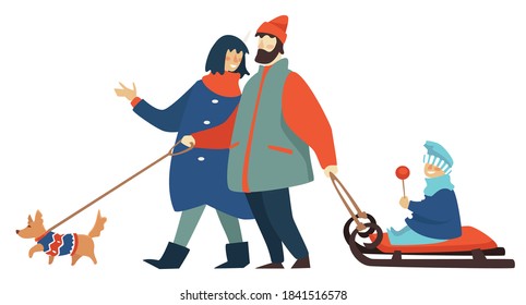 Family walking in winter, mother and father with kid sitting on sled. Mom and dad with child and pet on leash. Relaxation outdoors in wintertime, activities and recreation. Vector in flat style