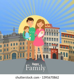Family walks around the city banner. Father, mother, son and daughter together outdoors on town background vector illustration. Man holdig girl and hugging woman with baby.