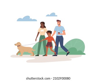 Family walks with dog. Owners in nature with their pets Outdoor recreation, city park and active lifestyle. Happy people on weekend, mother and father with son. Cartoon flat vector illustration
