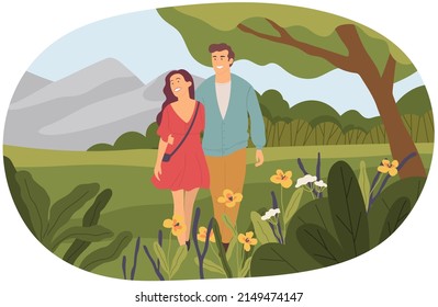 Family walks in nature, date on park. People in love spending time together oudoor. Couple in relationship walks by handle in forest. Guy and girl communicate and relax in spring or summer park