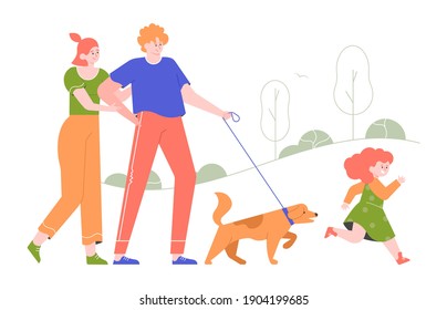 The family walks in the park with the dog. Mom, dad and daughter are having fun outdoor together. Vector flat illustration.