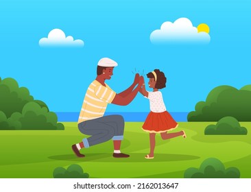 Family walks in park or square. Father and child clap their hands, plays. Outdoor activities, joint pastime, recreation concept. Trip out of town, funny days. Dad playing with daughter in garden