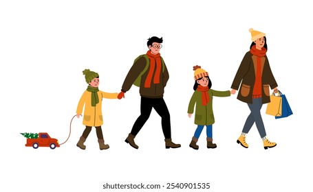 Family walks through a wintery neighborhood while enjoying a festive shopping day together