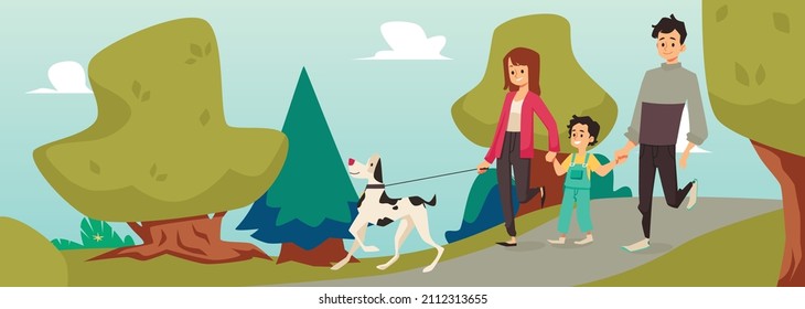 Family walks together outside in park with dog. Mom, dad and son cartoon characters in flat vector illustration isolated. Happy parents with child spend time together in nature