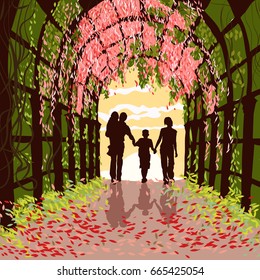 a family walks under the blooming arch vector