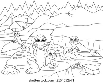 A family of walrus at the North Pole. Mom and child, landscape coloring book.