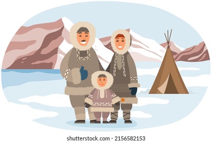 Familia vestida con ropa de abrigo que vive en la ilustración vectorial del Ártico. Paisaje con vistas a las montañas. Naturaleza y población de la región polar, paisaje invernal. Eskimos, habitantes de polo cerca de igloo