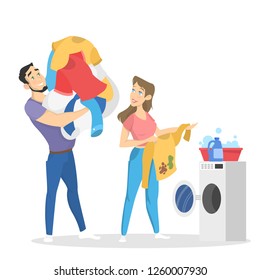 Family wash clothes in the washing machine. Clothing care. Pile of clothes. Isolated flat vector illustration