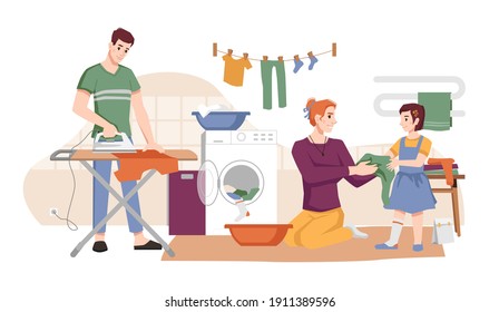 La familia lava ropas, secas y prendas de hierro con personajes de dibujos animados planos. Madre vectora, padre e hija lavando ropa, hombre planchando camiseta a bordo. Tareas domésticas, trabajo doméstico de rutina