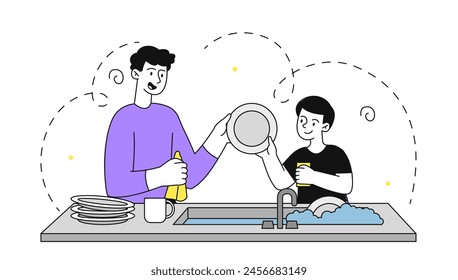 Family washing dishes simple. Father with son at kitchen. Cleanliness and hygiene. Little helper with household chores and routine. Doodle flat vector illustration isolated on white background