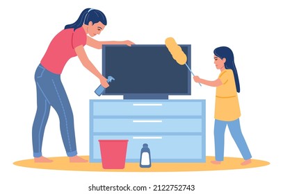 Family washing house together. Daughter help mom with dust cleaning