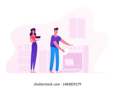 Family Washing Kitchenware Together, Happy Couple on Kitchen Wash Dishes after Cooking and Meal. Man Put Plates to Dishwasher. Every Day Routine and Human Relations. Cartoon Flat Vector Illustration