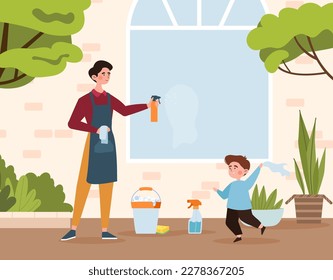 Family washing window. Mother with son apply cleaning products on glass, house exterior. Woman with little helper doing household chores, cleaning building. Cartoon flat vector illustration