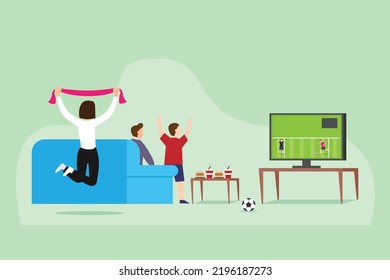 Family Watch Soccer Game on TV 2d vector illustration concept for banner, website, illustration, landing page, flyer, etc.